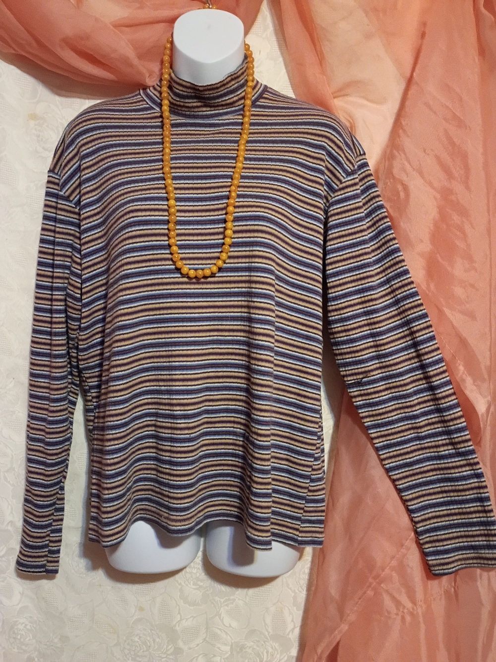 Bobbie Brooks Ladies Striped Mock Neck Long Sleeve Top- Navy, Cream & Mustard M
